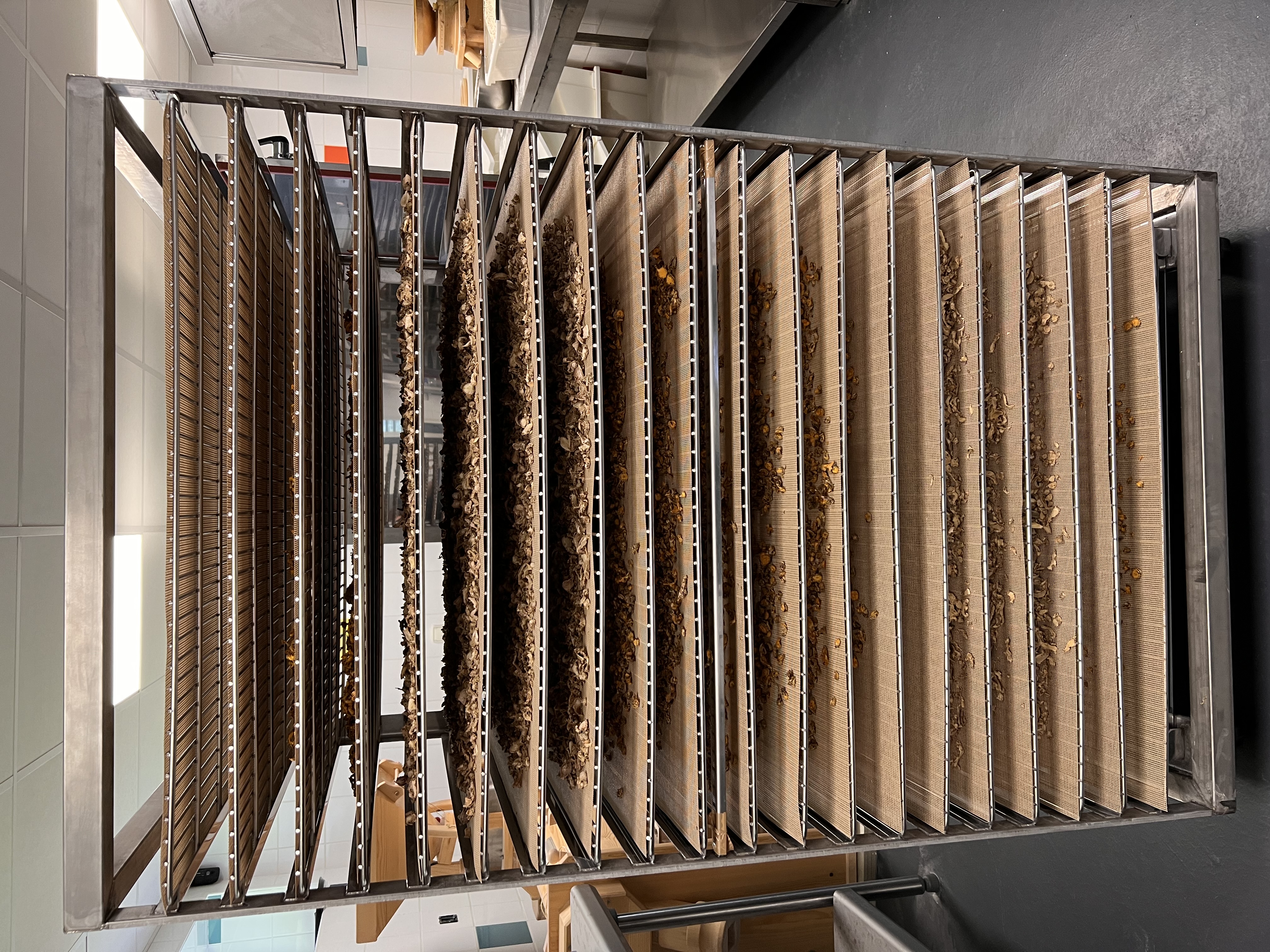 Grilles de sechoir remplies de produits en sechage