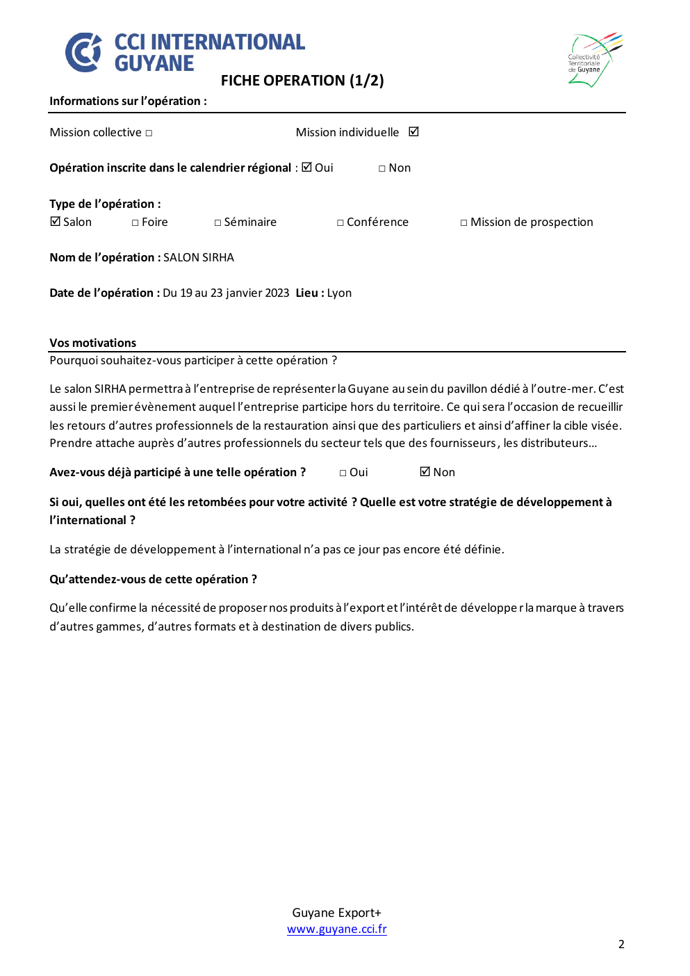 Page objectif du dossier Guyane Export Plus SIRHA